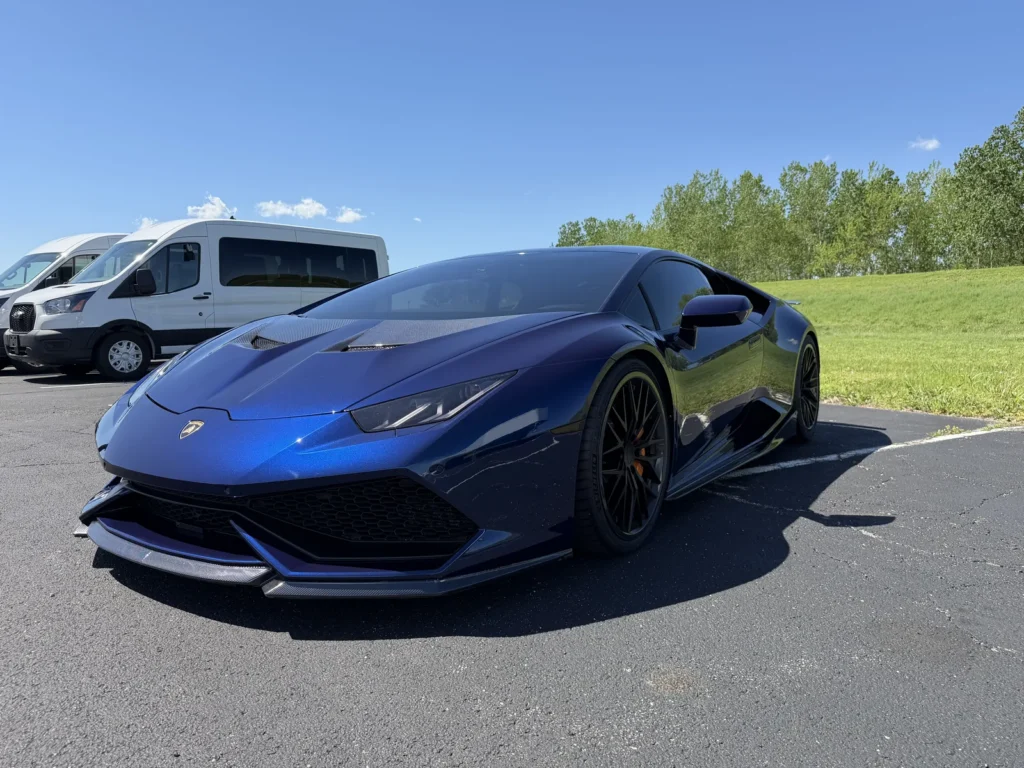 Blue Lamborghini Huracan, front quarter view